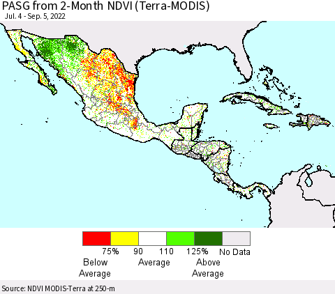 Mexico Central America and the Caribbean PASG from 2-Month NDVI (Terra-MODIS) Thematic Map For 8/29/2022 - 9/5/2022