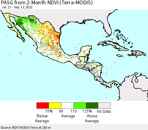 Mexico Central America and the Caribbean PASG from 2-Month NDVI (Terra-MODIS) Thematic Map For 9/6/2022 - 9/13/2022