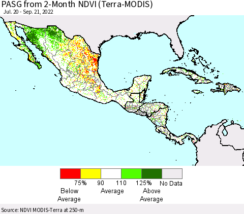 Mexico Central America and the Caribbean PASG from 2-Month NDVI (Terra-MODIS) Thematic Map For 9/14/2022 - 9/21/2022