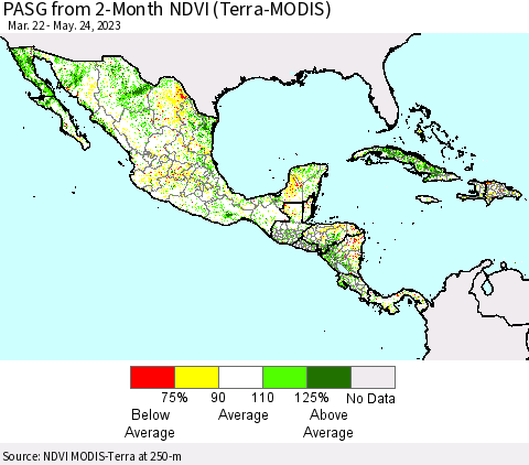 Mexico Central America and the Caribbean PASG from 2-Month NDVI (Terra-MODIS) Thematic Map For 5/17/2023 - 5/24/2023