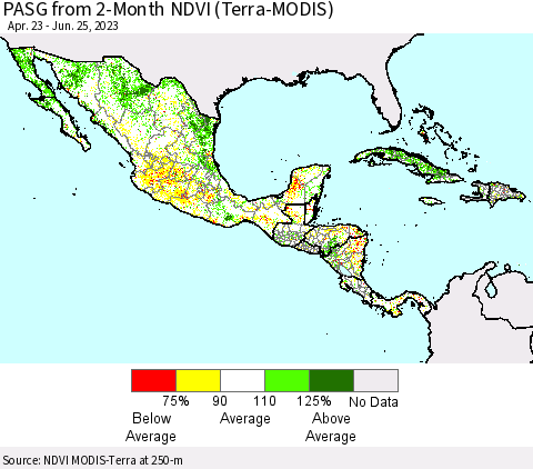 Mexico Central America and the Caribbean PASG from 2-Month NDVI (Terra-MODIS) Thematic Map For 6/18/2023 - 6/25/2023