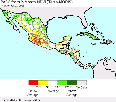 Mexico Central America and the Caribbean PASG from 2-Month NDVI (Terra-MODIS) Thematic Map For 7/4/2023 - 7/11/2023