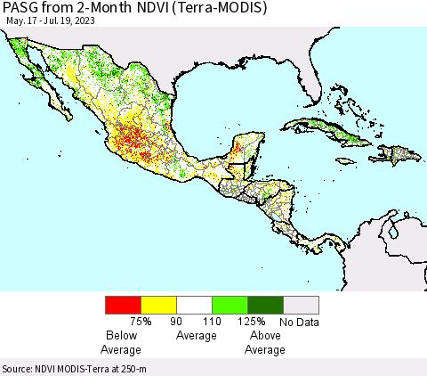 Mexico Central America and the Caribbean PASG from 2-Month NDVI (Terra-MODIS) Thematic Map For 7/12/2023 - 7/19/2023