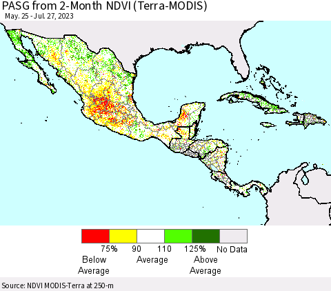 Mexico Central America and the Caribbean PASG from 2-Month NDVI (Terra-MODIS) Thematic Map For 7/20/2023 - 7/27/2023