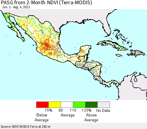 Mexico Central America and the Caribbean PASG from 2-Month NDVI (Terra-MODIS) Thematic Map For 7/28/2023 - 8/4/2023