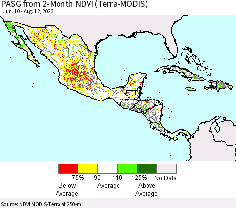 Mexico Central America and the Caribbean PASG from 2-Month NDVI (Terra-MODIS) Thematic Map For 8/5/2023 - 8/12/2023