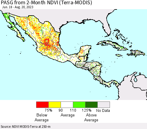 Mexico Central America and the Caribbean PASG from 2-Month NDVI (Terra-MODIS) Thematic Map For 8/13/2023 - 8/20/2023