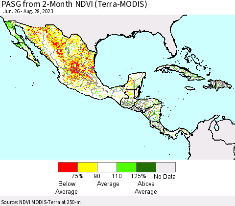 Mexico Central America and the Caribbean PASG from 2-Month NDVI (Terra-MODIS) Thematic Map For 8/21/2023 - 8/28/2023