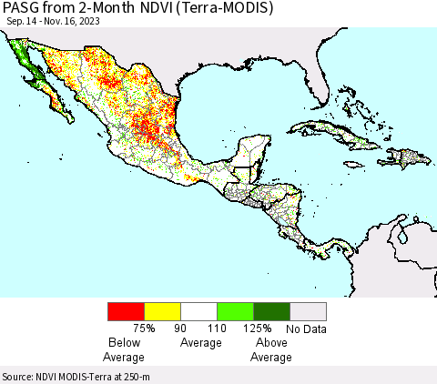 Mexico Central America and the Caribbean PASG from 2-Month NDVI (Terra-MODIS) Thematic Map For 11/9/2023 - 11/16/2023