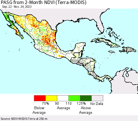Mexico Central America and the Caribbean PASG from 2-Month NDVI (Terra-MODIS) Thematic Map For 11/17/2023 - 11/24/2023
