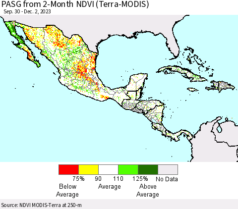 Mexico Central America and the Caribbean PASG from 2-Month NDVI (Terra-MODIS) Thematic Map For 11/25/2023 - 12/2/2023
