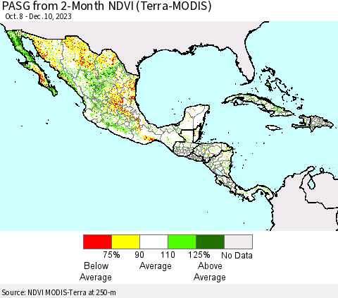 Mexico Central America and the Caribbean PASG from 2-Month NDVI (Terra-MODIS) Thematic Map For 12/3/2023 - 12/10/2023