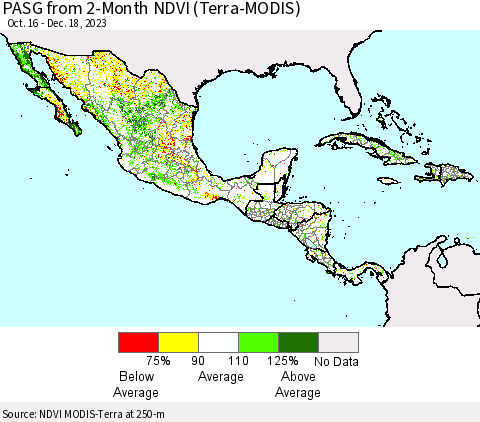 Mexico Central America and the Caribbean PASG from 2-Month NDVI (Terra-MODIS) Thematic Map For 12/11/2023 - 12/18/2023