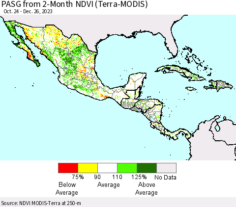 Mexico Central America and the Caribbean PASG from 2-Month NDVI (Terra-MODIS) Thematic Map For 12/19/2023 - 12/26/2023