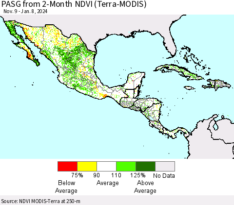 Mexico Central America and the Caribbean PASG from 2-Month NDVI (Terra-MODIS) Thematic Map For 1/1/2024 - 1/8/2024