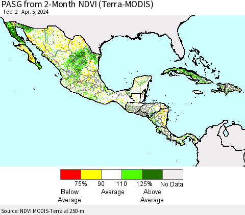 Mexico Central America and the Caribbean PASG from 2-Month NDVI (Terra-MODIS) Thematic Map For 3/29/2024 - 4/5/2024
