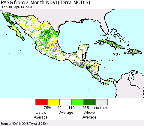 Mexico Central America and the Caribbean PASG from 2-Month NDVI (Terra-MODIS) Thematic Map For 4/6/2024 - 4/13/2024