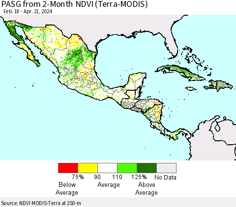 Mexico Central America and the Caribbean PASG from 2-Month NDVI (Terra-MODIS) Thematic Map For 4/14/2024 - 4/21/2024