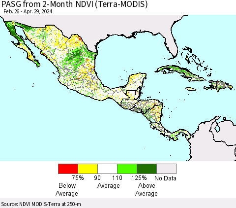 Mexico Central America and the Caribbean PASG from 2-Month NDVI (Terra-MODIS) Thematic Map For 4/22/2024 - 4/29/2024