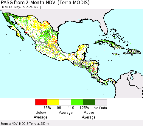 Mexico Central America and the Caribbean PASG from 2-Month NDVI (Terra-MODIS) Thematic Map For 5/8/2024 - 5/15/2024