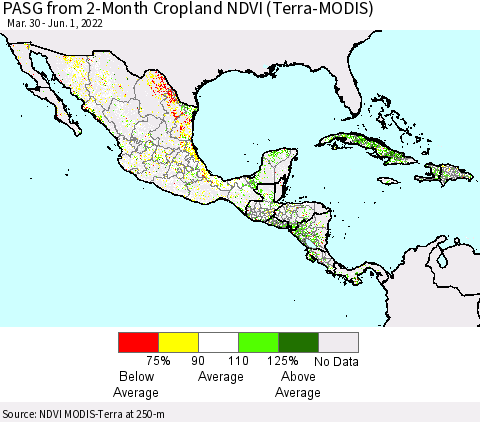 Mexico Central America and the Caribbean PASG from 2-Month Cropland NDVI (Terra-MODIS) Thematic Map For 5/25/2022 - 6/1/2022