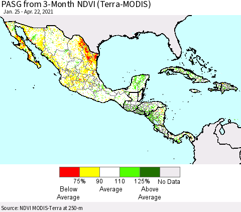 Mexico Central America and the Caribbean PASG from 3-Month NDVI (Terra-MODIS) Thematic Map For 4/15/2021 - 4/22/2021