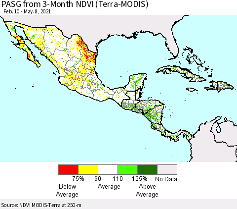 Mexico Central America and the Caribbean PASG from 3-Month NDVI (Terra-MODIS) Thematic Map For 5/1/2021 - 5/8/2021