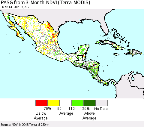 Mexico Central America and the Caribbean PASG from 3-Month NDVI (Terra-MODIS) Thematic Map For 6/2/2021 - 6/9/2021