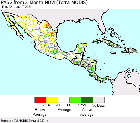 Mexico Central America and the Caribbean PASG from 3-Month NDVI (Terra-MODIS) Thematic Map For 6/10/2021 - 6/17/2021