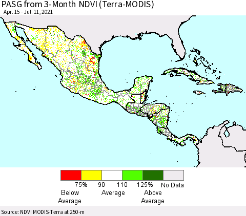 Mexico Central America and the Caribbean PASG from 3-Month NDVI (Terra-MODIS) Thematic Map For 7/4/2021 - 7/11/2021