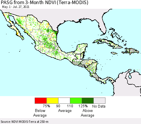 Mexico Central America and the Caribbean PASG from 3-Month NDVI (Terra-MODIS) Thematic Map For 7/20/2021 - 7/27/2021