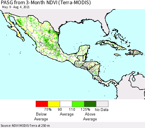 Mexico Central America and the Caribbean PASG from 3-Month NDVI (Terra-MODIS) Thematic Map For 7/28/2021 - 8/4/2021