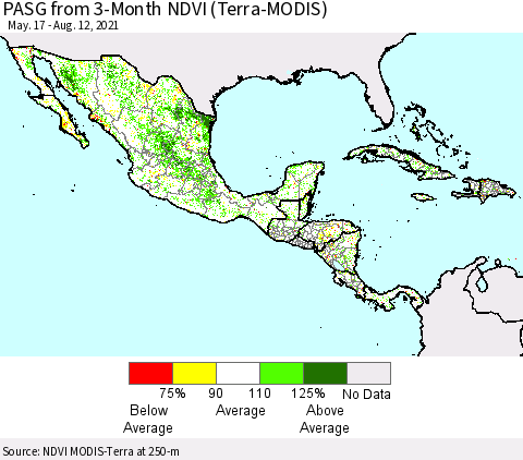 Mexico Central America and the Caribbean PASG from 3-Month NDVI (Terra-MODIS) Thematic Map For 8/5/2021 - 8/12/2021