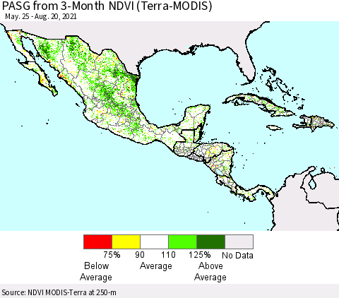 Mexico Central America and the Caribbean PASG from 3-Month NDVI (Terra-MODIS) Thematic Map For 8/13/2021 - 8/20/2021