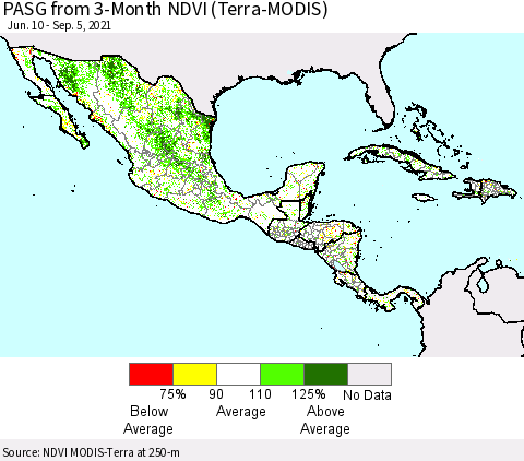 Mexico Central America and the Caribbean PASG from 3-Month NDVI (Terra-MODIS) Thematic Map For 8/29/2021 - 9/5/2021