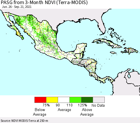 Mexico Central America and the Caribbean PASG from 3-Month NDVI (Terra-MODIS) Thematic Map For 9/14/2021 - 9/21/2021