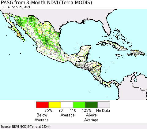 Mexico Central America and the Caribbean PASG from 3-Month NDVI (Terra-MODIS) Thematic Map For 9/22/2021 - 9/29/2021