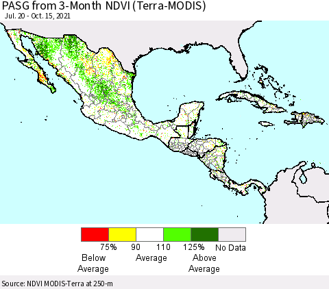 Mexico Central America and the Caribbean PASG from 3-Month NDVI (Terra-MODIS) Thematic Map For 10/8/2021 - 10/15/2021