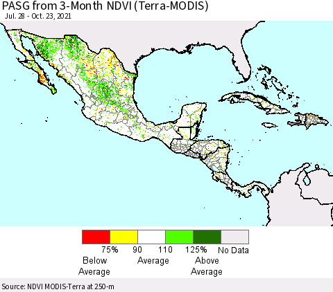 Mexico Central America and the Caribbean PASG from 3-Month NDVI (Terra-MODIS) Thematic Map For 10/16/2021 - 10/23/2021