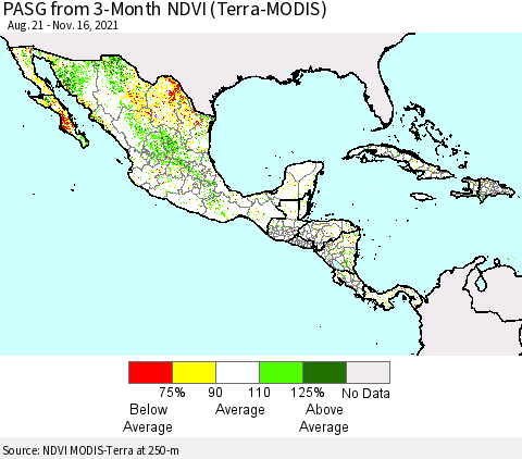 Mexico Central America and the Caribbean PASG from 3-Month NDVI (Terra-MODIS) Thematic Map For 11/9/2021 - 11/16/2021