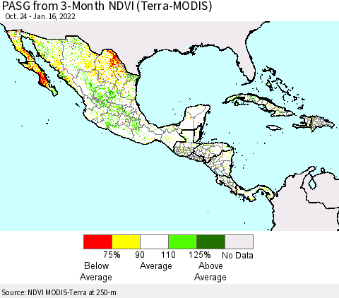 Mexico Central America and the Caribbean PASG from 3-Month NDVI (Terra-MODIS) Thematic Map For 1/9/2022 - 1/16/2022