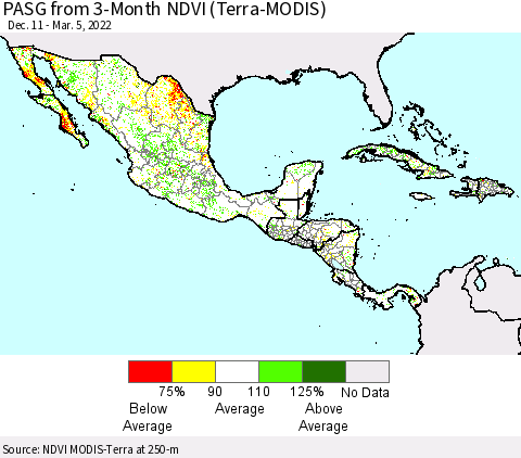Mexico Central America and the Caribbean PASG from 3-Month NDVI (Terra-MODIS) Thematic Map For 2/26/2022 - 3/5/2022