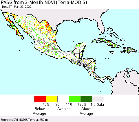 Mexico Central America and the Caribbean PASG from 3-Month NDVI (Terra-MODIS) Thematic Map For 3/14/2022 - 3/21/2022