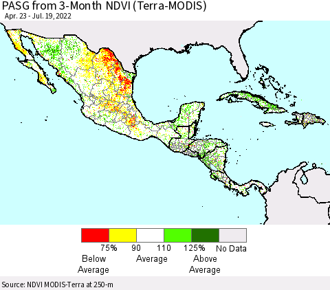 Mexico Central America and the Caribbean PASG from 3-Month NDVI (Terra-MODIS) Thematic Map For 7/12/2022 - 7/19/2022