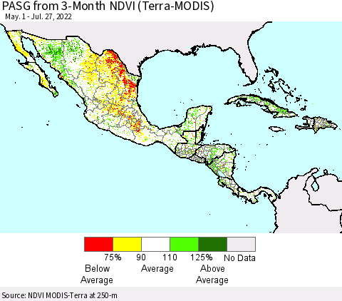 Mexico Central America and the Caribbean PASG from 3-Month NDVI (Terra-MODIS) Thematic Map For 7/20/2022 - 7/27/2022