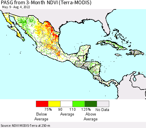Mexico Central America and the Caribbean PASG from 3-Month NDVI (Terra-MODIS) Thematic Map For 7/28/2022 - 8/4/2022