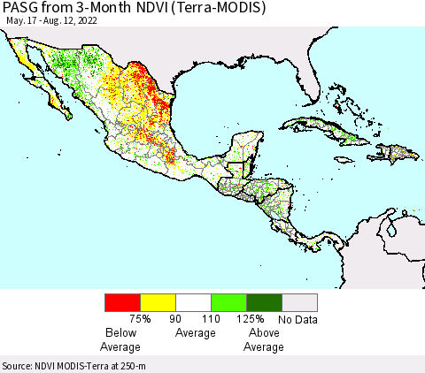 Mexico Central America and the Caribbean PASG from 3-Month NDVI (Terra-MODIS) Thematic Map For 8/5/2022 - 8/12/2022