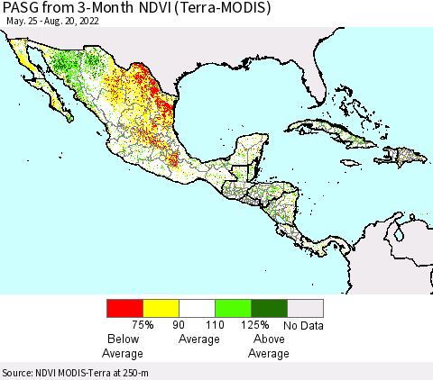 Mexico Central America and the Caribbean PASG from 3-Month NDVI (Terra-MODIS) Thematic Map For 8/13/2022 - 8/20/2022