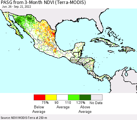 Mexico Central America and the Caribbean PASG from 3-Month NDVI (Terra-MODIS) Thematic Map For 9/14/2022 - 9/21/2022