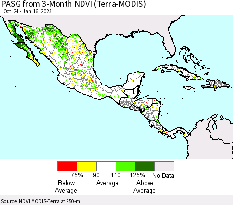 Mexico Central America and the Caribbean PASG from 3-Month NDVI (Terra-MODIS) Thematic Map For 1/9/2023 - 1/16/2023